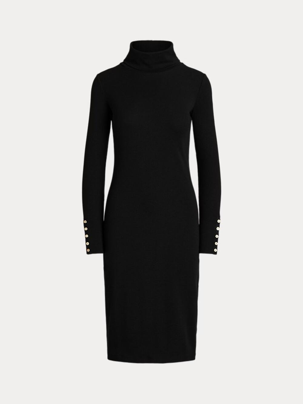 Lauren Ralph Lauren Knit Midi Dress Black Turtleneck Gold Button Stretch Size 12